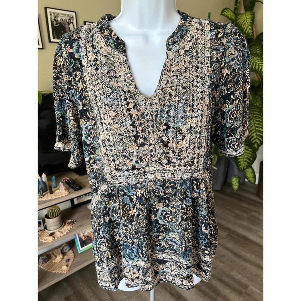 Knox Rose XS Blue Boho Lace Short Sleeve Blouse #536